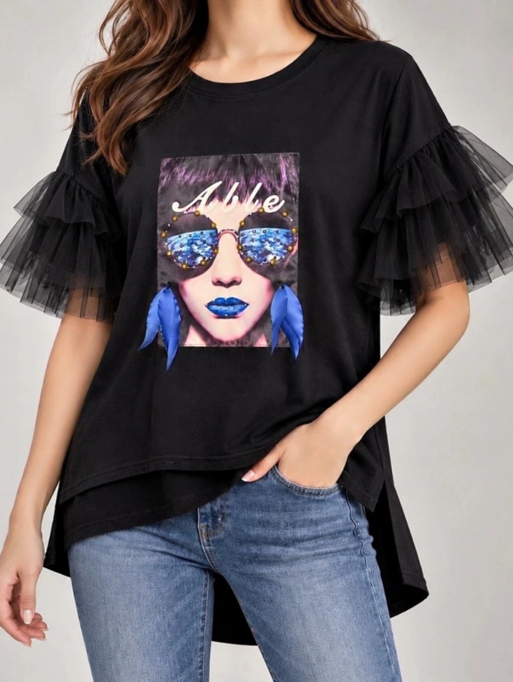 Graphic Ruffle Sleeve Top in Black & Blue Like New
